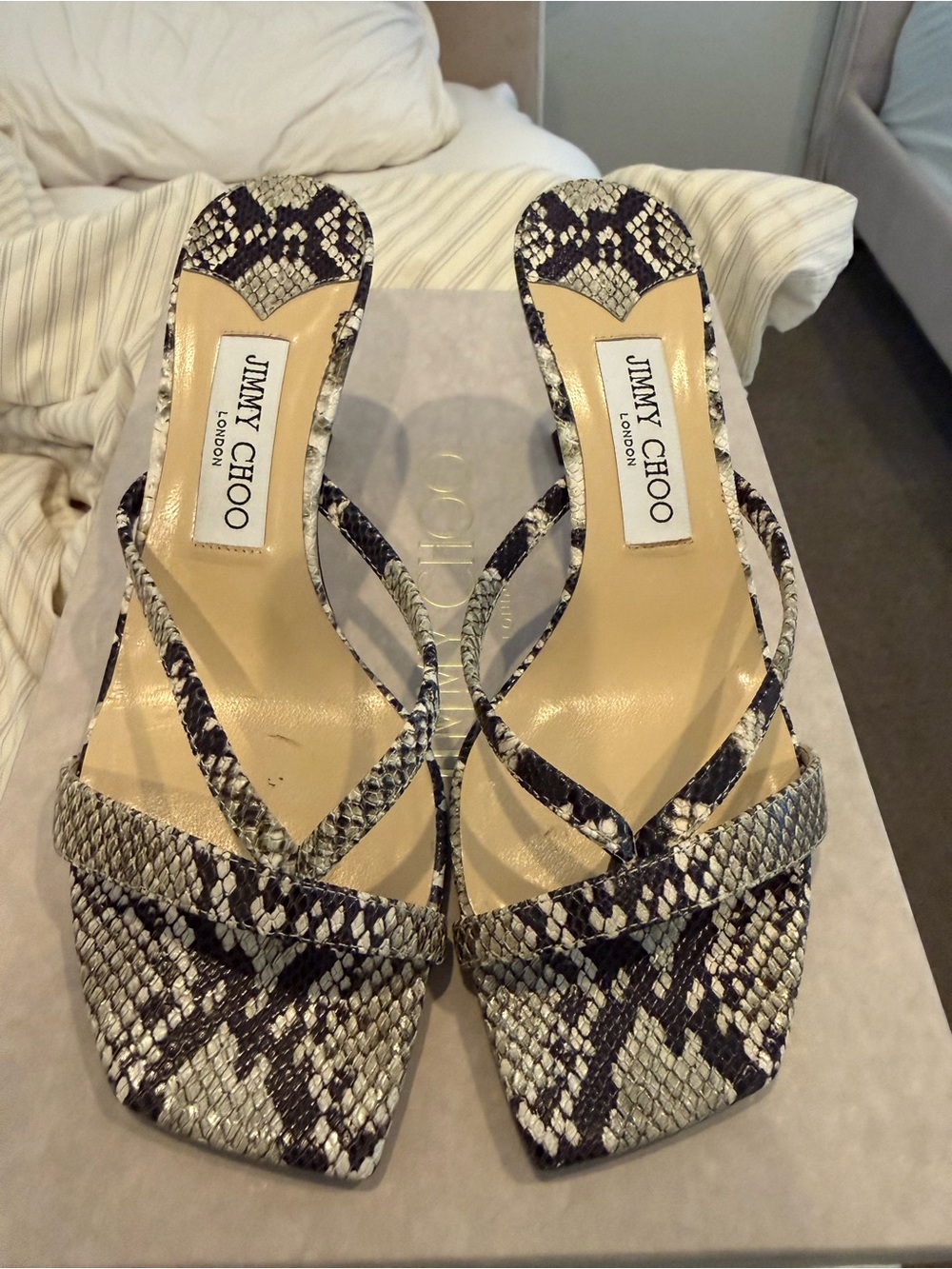 Jimmy Choo Snake-Print Strappy Heels in Beige and Black 70 mm heel
